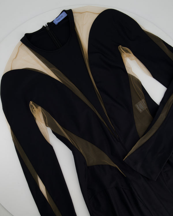 Mugler Black Panelled Mesh Midi Dress with Logo Detail Size FR 40 (UK 12)