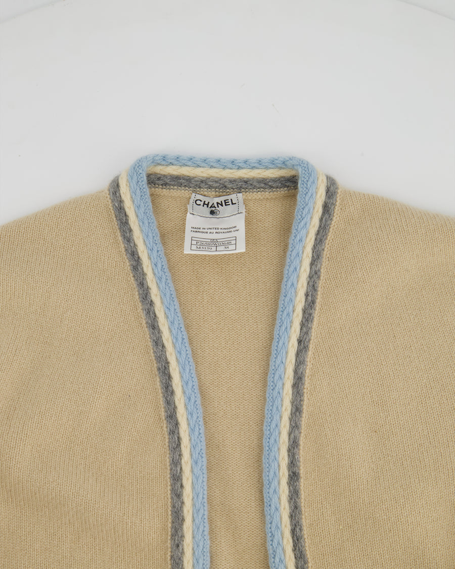 Chanel 05/A Beige Cardigan with Knitted Blue Trim Size FR 38 (UK 10)