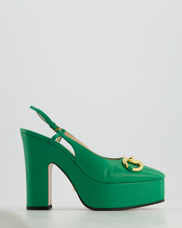 Gucci Green Hosrsbit Detailed Leather Platform Pumps Size EU 37.5