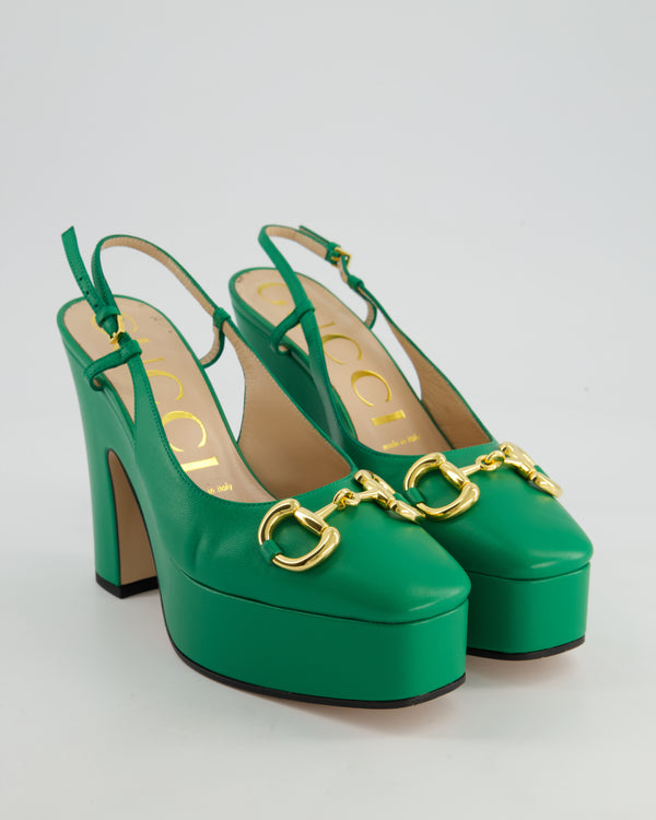 Gucci Green Hosrsbit Detailed Leather Platform Pumps Size EU 37.5