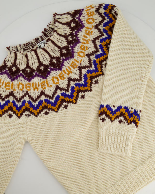 Loewe Cream, Brown and Blue Long Sleeve Knitted Jumper with Logo Detail Size M (UK 10)