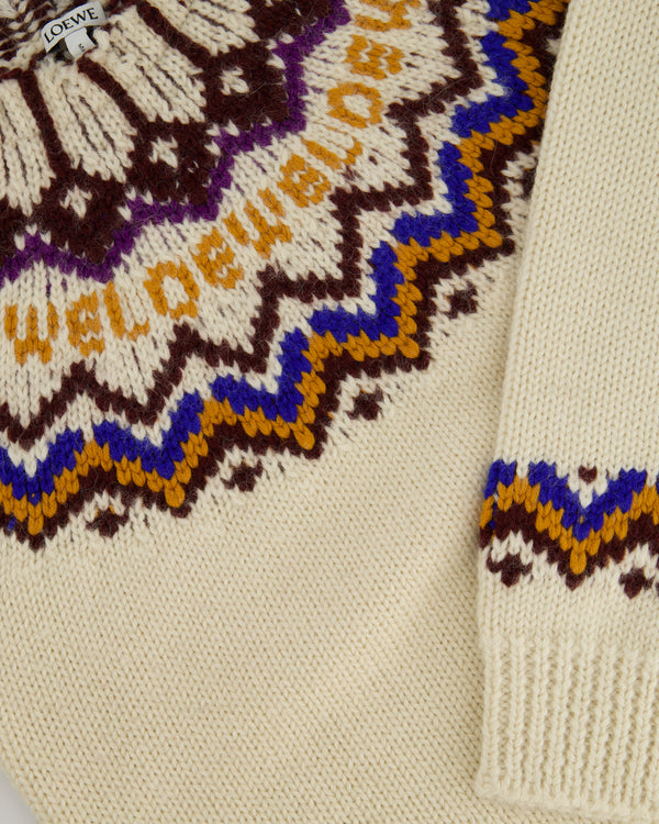 Loewe Cream, Brown and Blue Long Sleeve Knitted Jumper with Logo Detail Size M (UK 10)