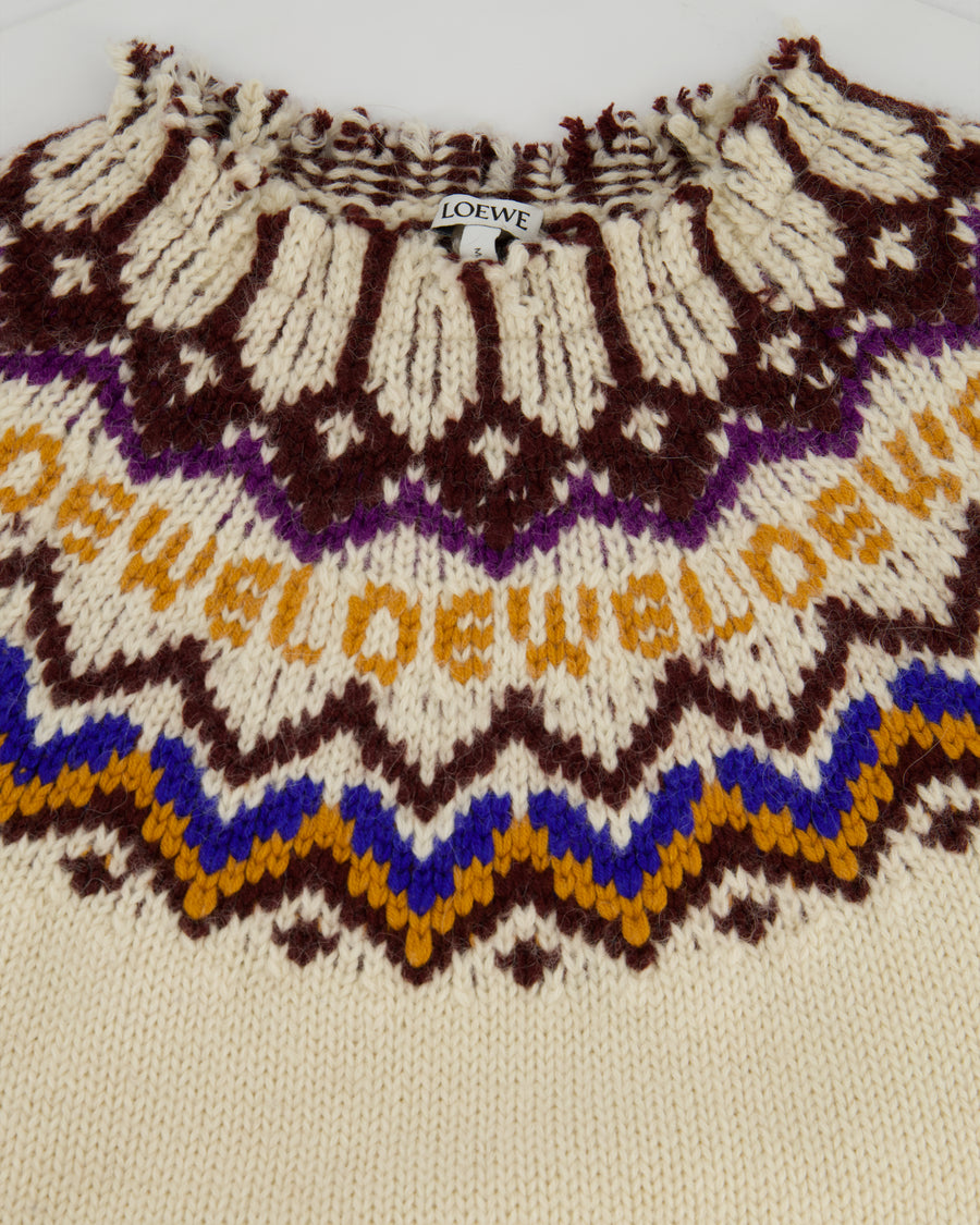 Loewe Cream, Brown and Blue Long Sleeve Knitted Jumper with Logo Detail Size M (UK 10)