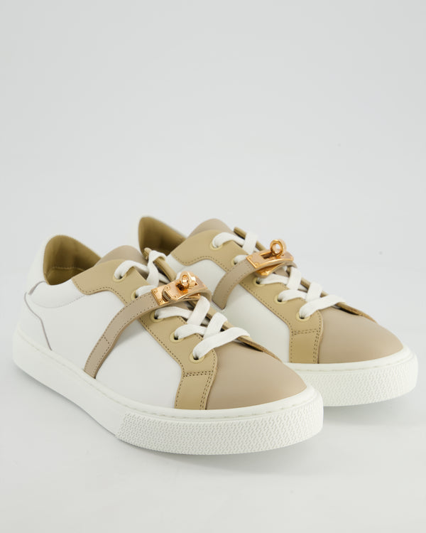 Hermès Blanc & Beige Lin Day Sneaker in Leather with Rose Gold Buckle Size EU 38 RRP £1,120