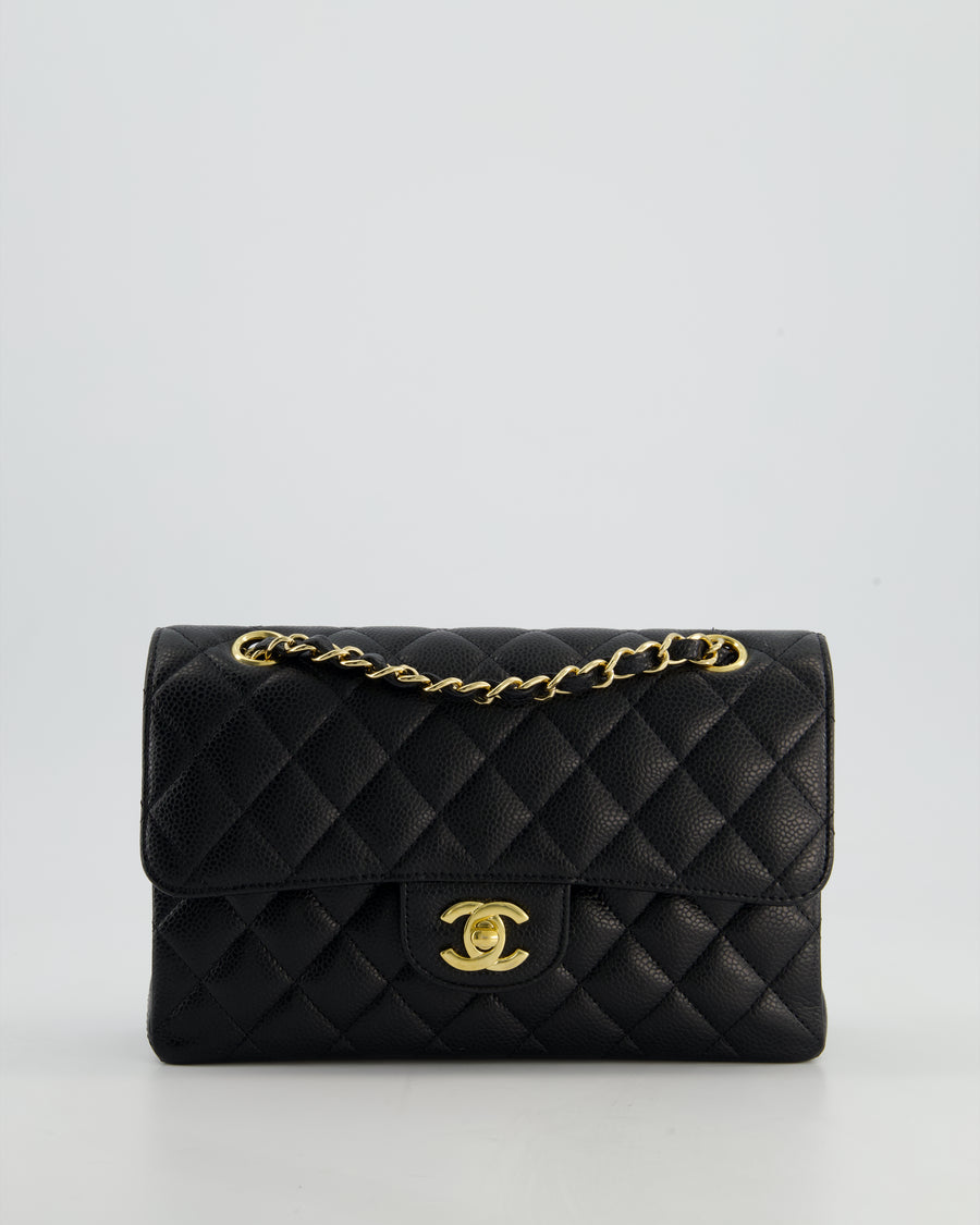 Chanel Black Small Classic Double Flap Bag in Caviar Leather with Champagne Gold Hardware