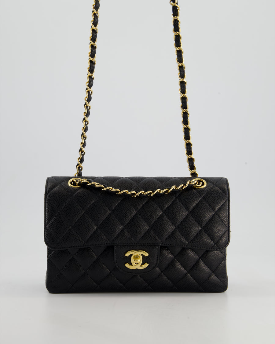 Chanel Black Small Classic Double Flap Bag in Caviar Leather with Champagne Gold Hardware