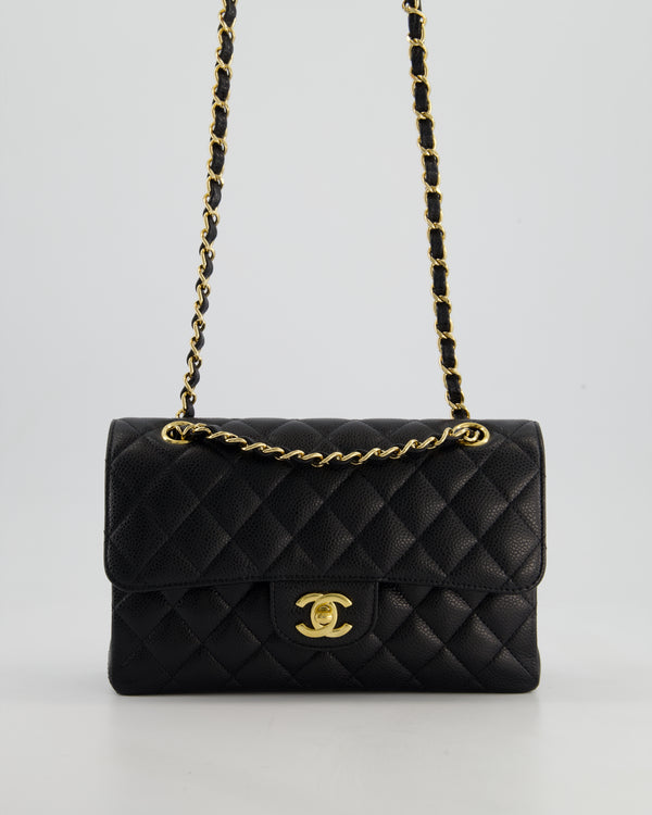 Chanel Black Small Classic Double Flap Bag in Caviar Leather with Champagne Gold Hardware