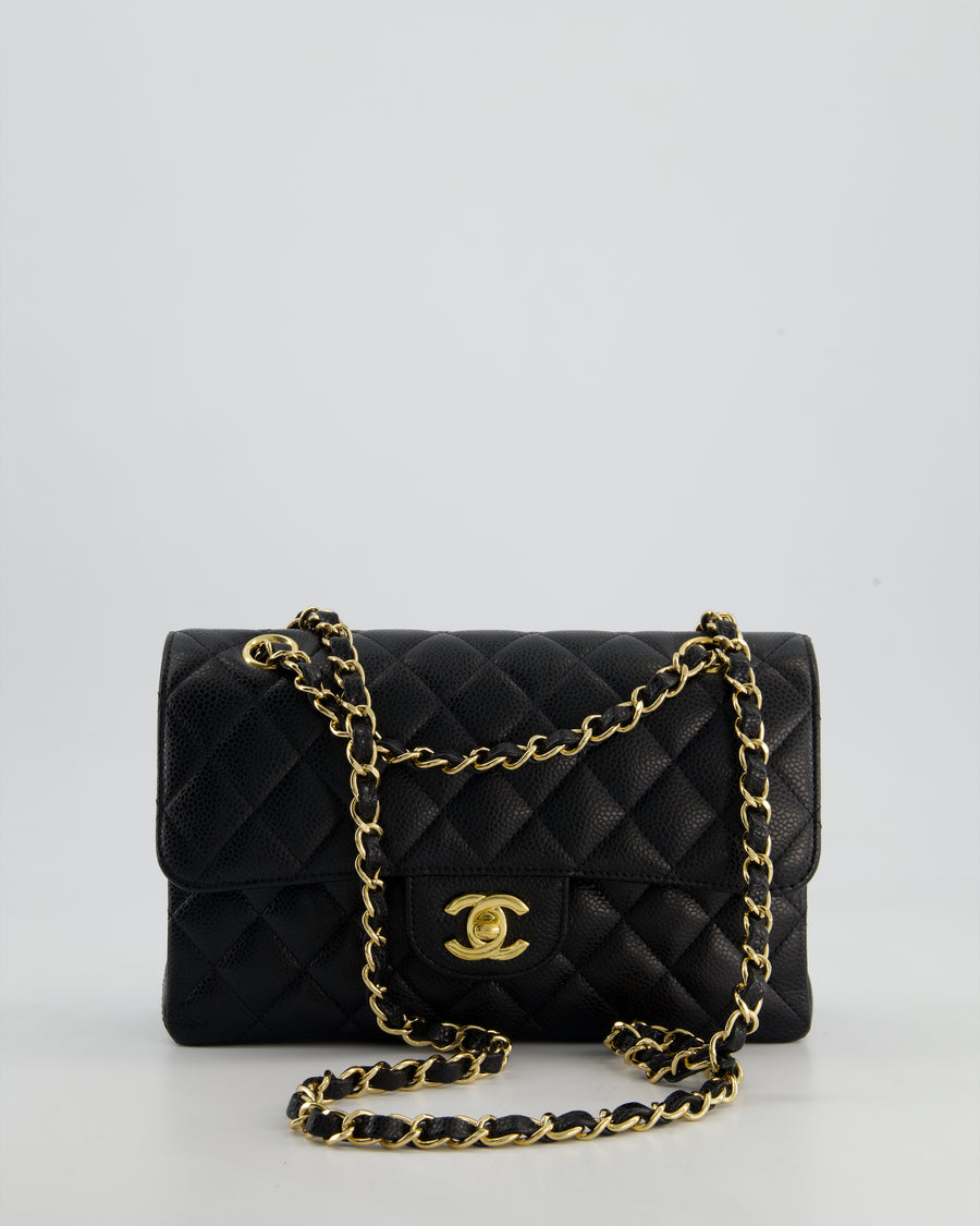 Chanel Black Small Classic Double Flap Bag in Caviar Leather with Champagne Gold Hardware