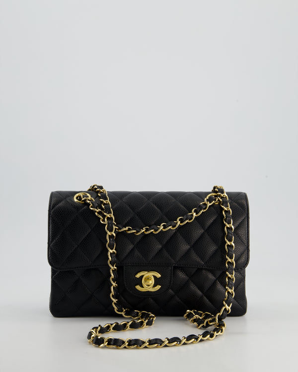 Chanel Black Small Classic Double Flap Bag in Caviar Leather with Champagne Gold Hardware