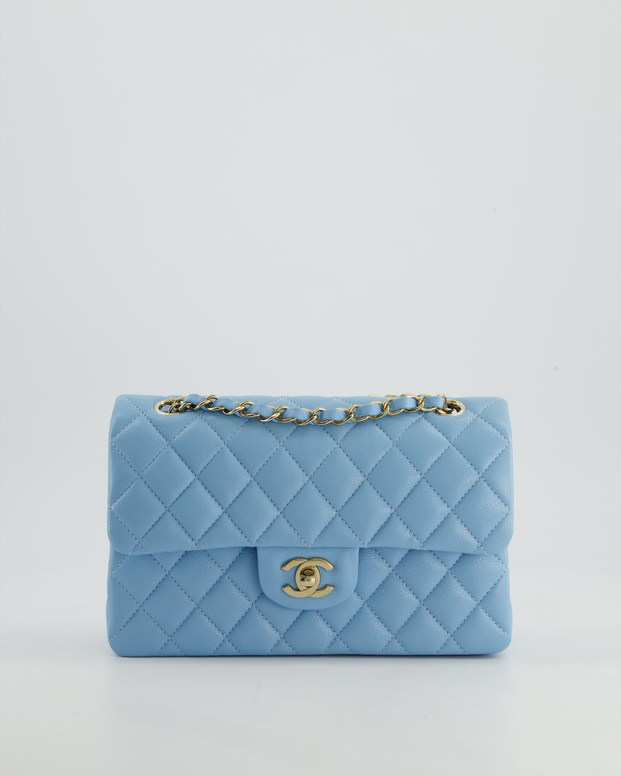 *HOT* Chanel Sky Blue Small Classic Double Flap Bag in Caviar Leather with Gold Hardware