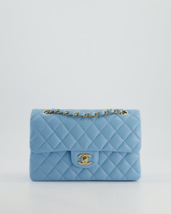 *HOT* Chanel Sky Blue Small Classic Double Flap Bag in Caviar Leather with Gold Hardware
