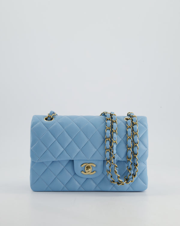 *HOT* Chanel Sky Blue Small Classic Double Flap Bag in Caviar Leather with Gold Hardware