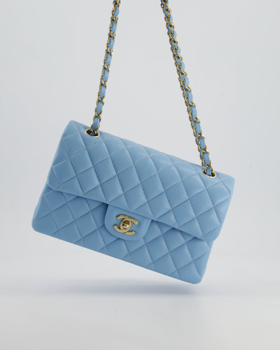 *HOT* Chanel Sky Blue Small Classic Double Flap Bag in Caviar Leather with Gold Hardware