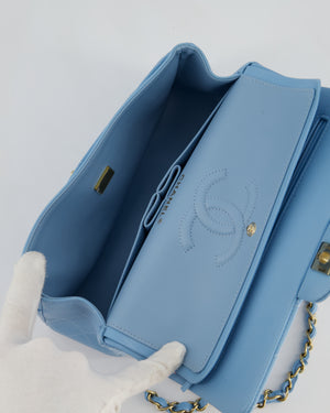 *HOT* Chanel Sky Blue Small Classic Double Flap Bag in Caviar Leather with Gold Hardware