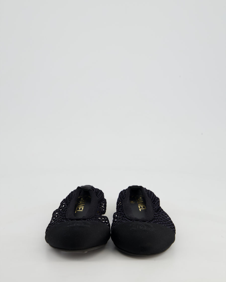 Chanel Black Ballerina Shoes in Mesh & Grosgrain with Gold Heel Detail & CC Logo Size EU 35
