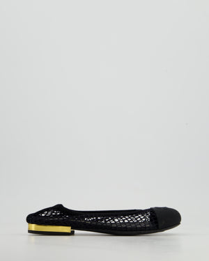 Chanel Black Ballerina Shoes in Mesh & Grosgrain with Gold Heel Detail & CC Logo Size EU 35