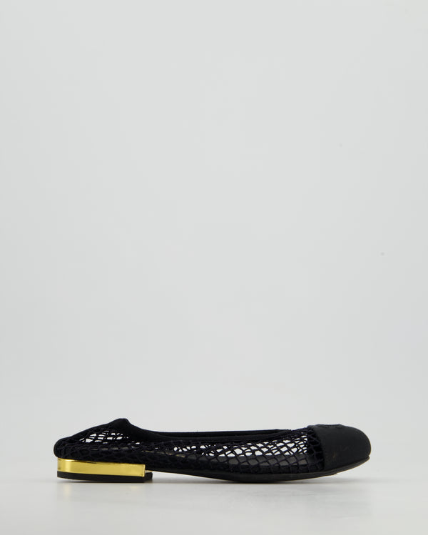 Chanel Black Ballerina Shoes in Mesh & Grosgrain with Gold Heel Detail & CC Logo Size EU 35