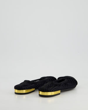 Chanel Black Ballerina Shoes in Mesh & Grosgrain with Gold Heel Detail & CC Logo Size EU 35