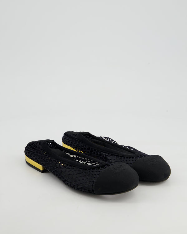 Chanel Black Ballerina Shoes in Mesh & Grosgrain with Gold Heel Detail & CC Logo Size EU 35