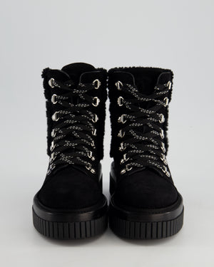 Chanel Black Suede and Shearling Lace up Boots with CC Detail on the Heel Size EU 35
