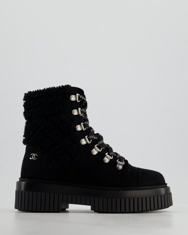 Chanel Black Suede and Shearling Lace up Boots with CC Detail on the Heel Size EU 35