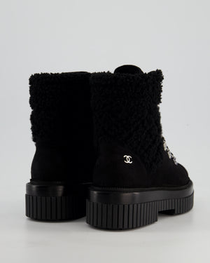 Chanel Black Suede and Shearling Lace up Boots with CC Detail on the Heel Size EU 35