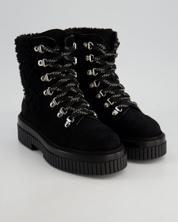 Chanel Black Suede and Shearling Lace up Boots with CC Detail on the Heel Size EU 35