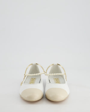 *HOT* Chanel White Ballerina Shoes In Crumpled Leather with Camelia & Pearls Charm Ankle Strap&nbsp;Detail Size EU 35