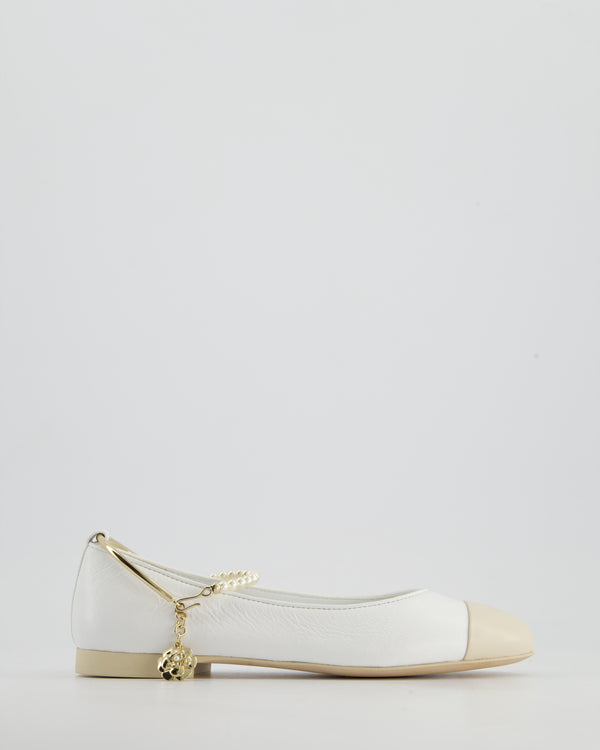 *HOT* Chanel White Ballerina Shoes In Crumpled Leather with Camelia & Pearls Charm Ankle Strap&nbsp;Detail Size EU 35