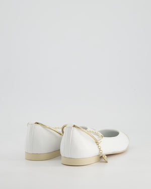 *HOT* Chanel White Ballerina Shoes In Crumpled Leather with Camelia & Pearls Charm Ankle Strap&nbsp;Detail Size EU 35