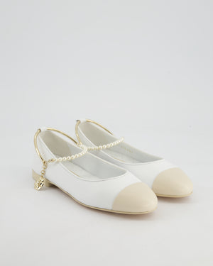 *HOT* Chanel White Ballerina Shoes In Crumpled Leather with Camelia & Pearls Charm Ankle Strap&nbsp;Detail Size EU 35