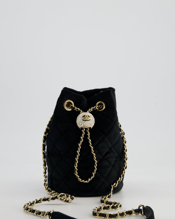 *FIRE PRICE* Chanel Petite Maroquinerie Black Velvet Pearl Crush Small Bucket Bag with Champagne Gold Hardware &amp; Crystal Details