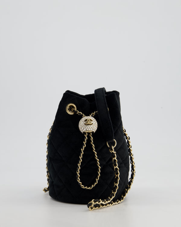 *FIRE PRICE* Chanel Petite Maroquinerie Black Velvet Pearl Crush Small Bucket Bag with Champagne Gold Hardware &amp; Crystal Details