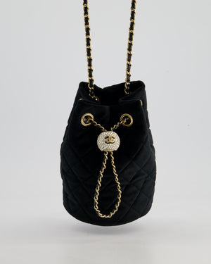 *FIRE PRICE* Chanel Petite Maroquinerie Black Velvet Pearl Crush Small Bucket Bag with Champagne Gold Hardware &amp; Crystal Details