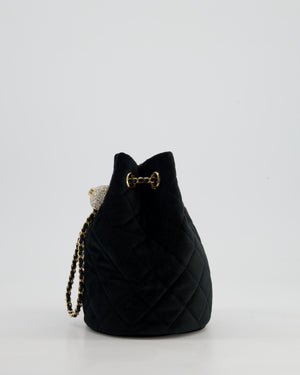 *FIRE PRICE* Chanel Petite Maroquinerie Black Velvet Pearl Crush Small Bucket Bag with Champagne Gold Hardware &amp; Crystal Details