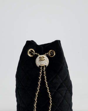 *FIRE PRICE* Chanel Petite Maroquinerie Black Velvet Pearl Crush Small Bucket Bag with Champagne Gold Hardware &amp; Crystal Details