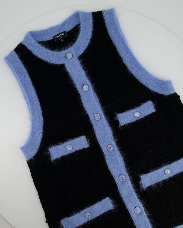 Chanel 24B Navy & Celeste Wool Sleeveless Cardigan with CC Buttons Detail Size FR 34 (UK 6)