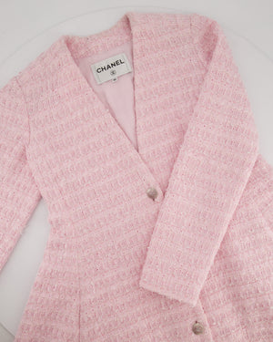*HOT* Chanel 24S Pink Tweed Long Sleeve A-Line Asymmetric Mini Dress with Silver and Pink Logo Button Details Detail FR 34 (UK 6) RRP £11,650