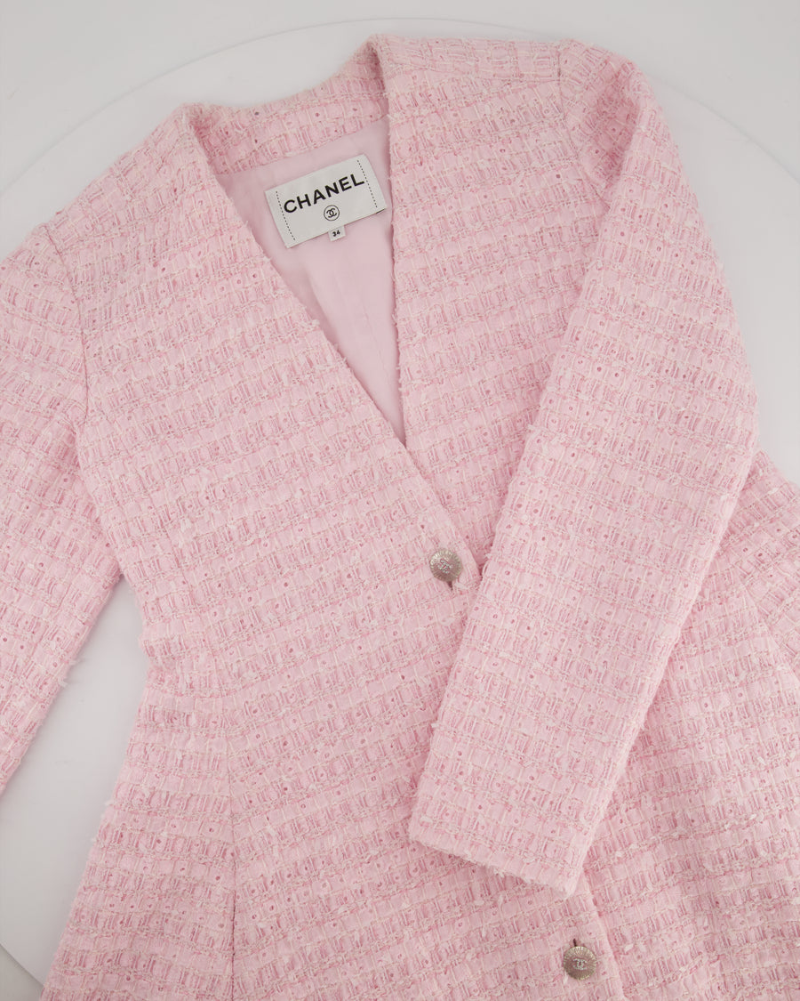 *HOT* Chanel 24S Pink Tweed Long Sleeve A-Line Asymmetric Mini Dress with Silver and Pink Logo Button Details Detail FR 34 (UK 6) RRP £11,650