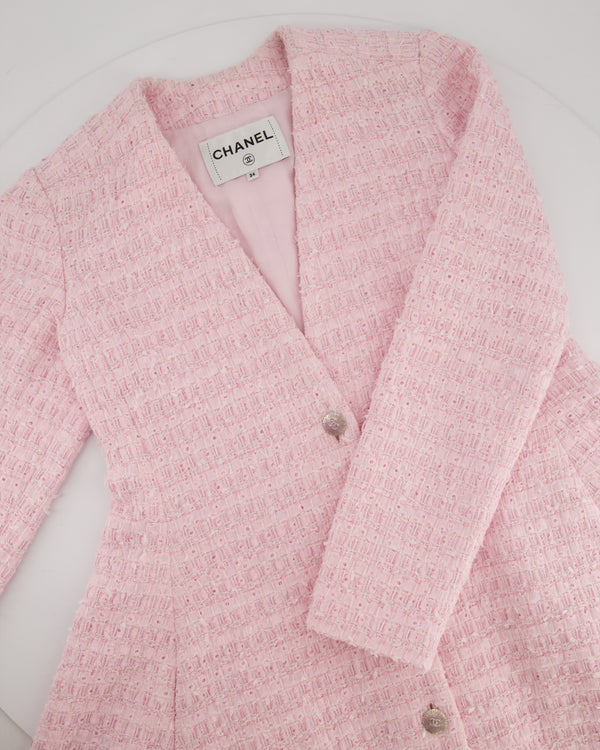 *HOT* Chanel 24S Pink Tweed Long Sleeve A-Line Asymmetric Mini Dress with Silver and Pink Logo Button Details Detail FR 34 (UK 6) RRP £11,650