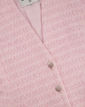 *HOT* Chanel 24S Pink Tweed Long Sleeve A-Line Asymmetric Mini Dress with Silver and Pink Logo Button Details Detail FR 34 (UK 6) RRP £11,650