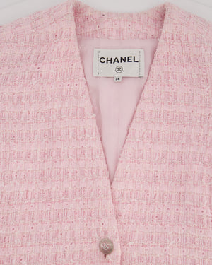 *HOT* Chanel 24S Pink Tweed Long Sleeve A-Line Asymmetric Mini Dress with Silver and Pink Logo Button Details Detail FR 34 (UK 6) RRP £11,650