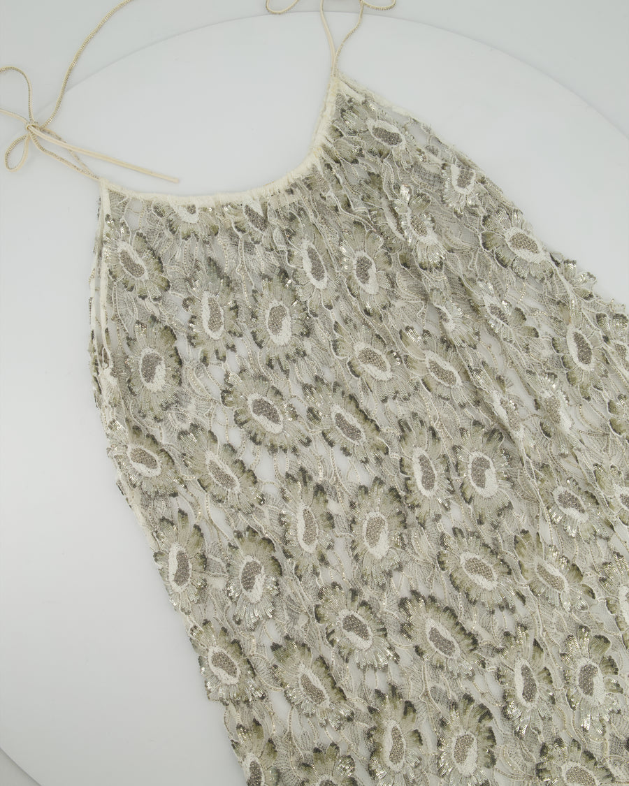 Saint Laurent White & Silver Floral Sequin and Bead Embroidered Mini Dress with White Slip Size FR 36 (UK 8)