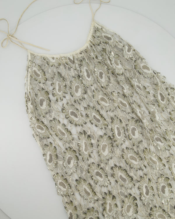 Saint Laurent White & Silver Floral Sequin and Bead Embroidered Mini Dress with White Slip Size FR 36 (UK 8)
