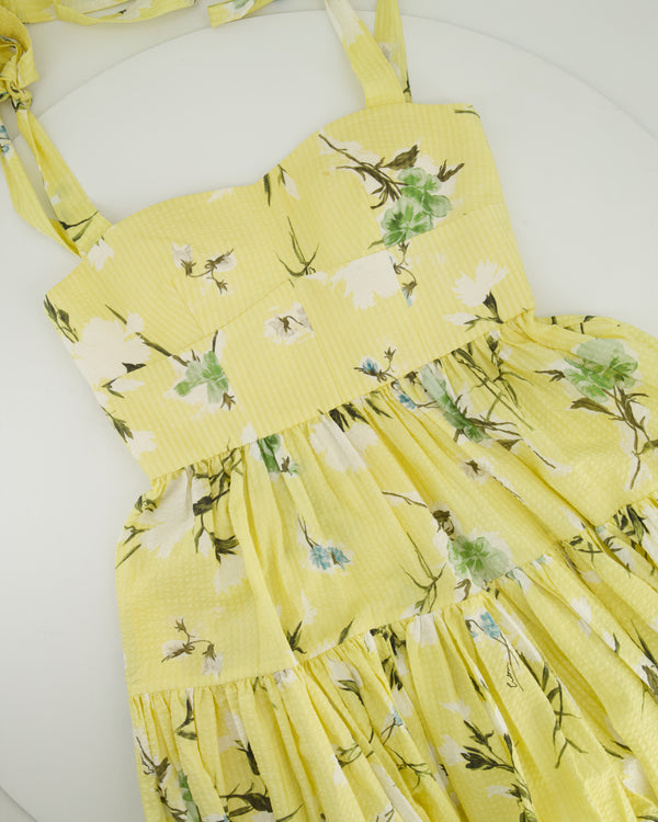 Erdem SS25 Yellow, White & Green Floral Midi Dress with Bustier Top & Tie Up Bow Strap Details Size UK 6 (FR 34)