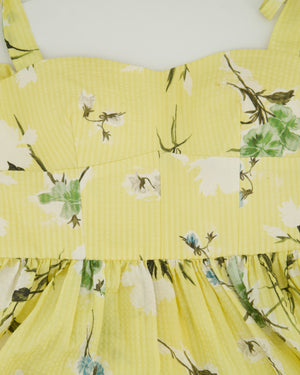 Erdem SS25 Yellow, White & Green Floral Midi Dress with Bustier Top & Tie Up Bow Strap Details Size UK 6 (FR 34)