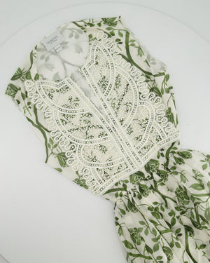 Giambattista Valli White and Green Sleeveless Floral Midi Dress with Lace Bodice and Cut Out at the Back Size IT 36 (UK 4)