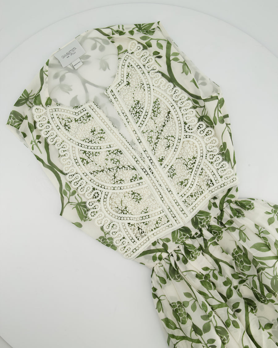 Giambattista Valli White and Green Sleeveless Floral Midi Dress with Lace Bodice and Cut Out at the Back Size IT 36 (UK 4)