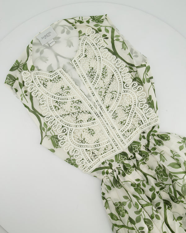 Giambattista Valli White and Green Sleeveless Floral Midi Dress with Lace Bodice and Cut Out at the Back Size IT 36 (UK 4)