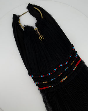 Valentino Black Lace Sleeveless Midi Dress with Gold Neck Detail and Red and Blue Beaded Waist Size IT 36 (UK 4)